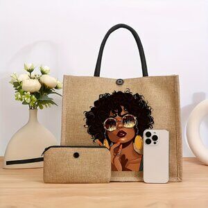 2PC Linen Tote + Makeup Pouch Set | Afro Glam Printed Shoulder Bag, Large Capaci